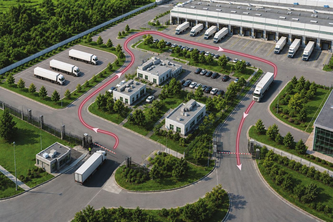 Aerial view of a production site with marked truck routes to the gate