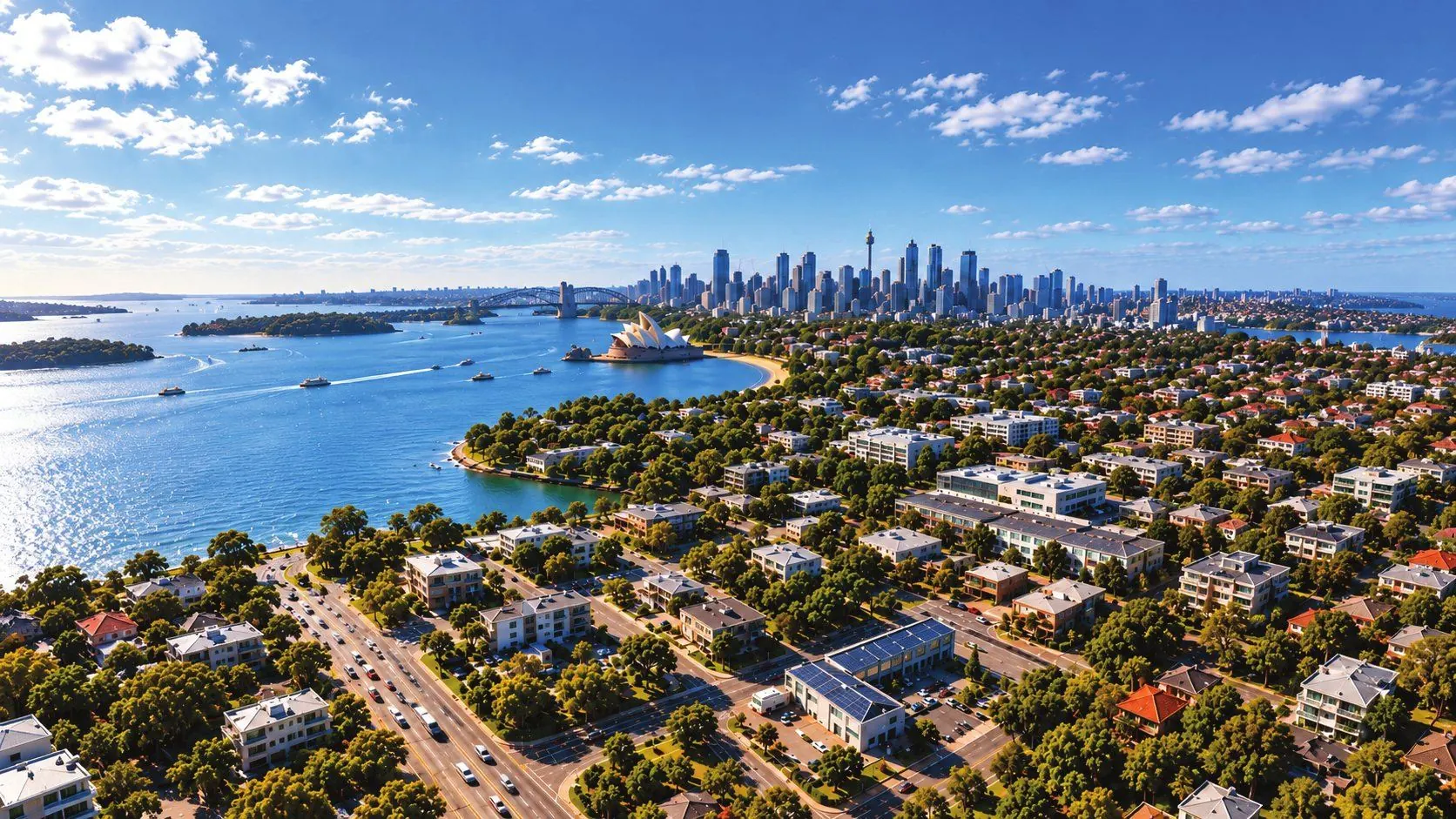 Aerial view of Sydney Harbour and the city
