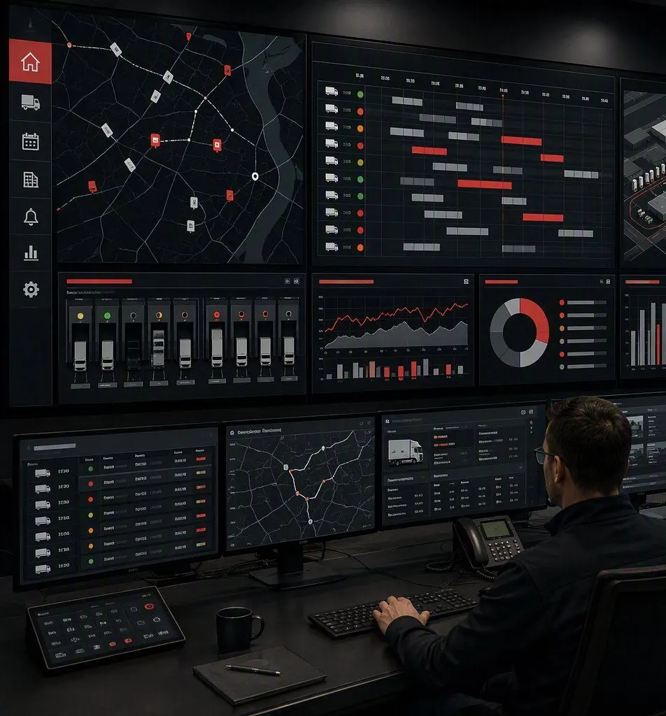 Logistics control room with live maps and schedules on large screens