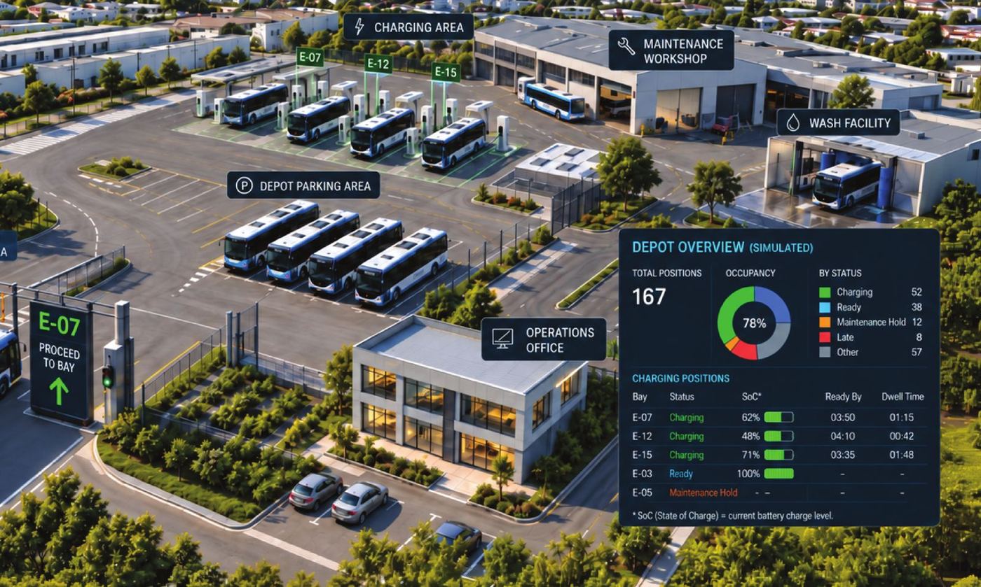 Concept view of a bus depot with charging, parking, wash and workshop areas and a live status board