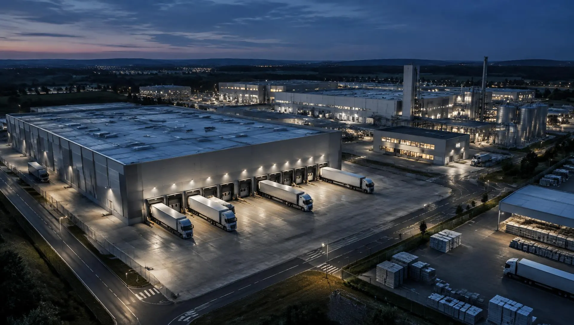 Aerial view of a logistics and manufacturing site at dusk with trucks at the loading docks
