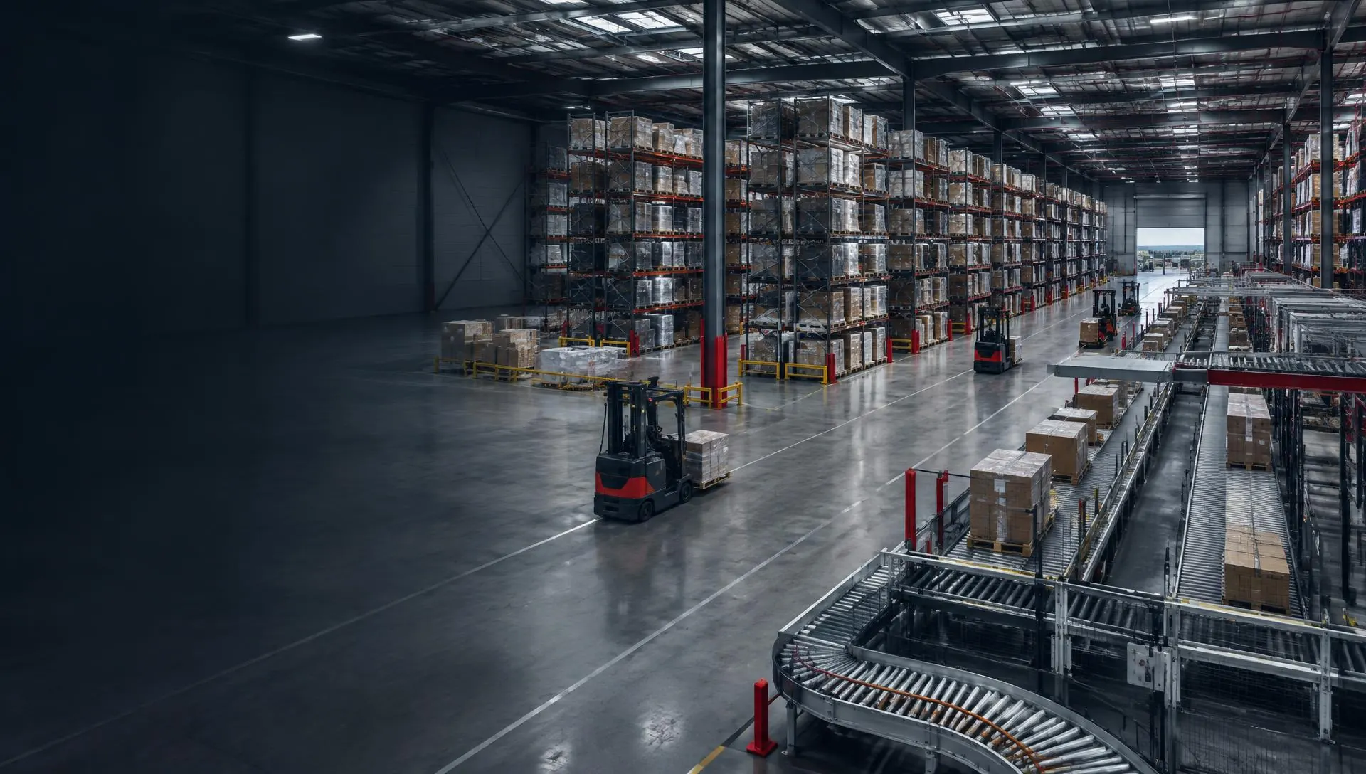 Automated distribution centre with pallet racking, forklifts and conveyor lines